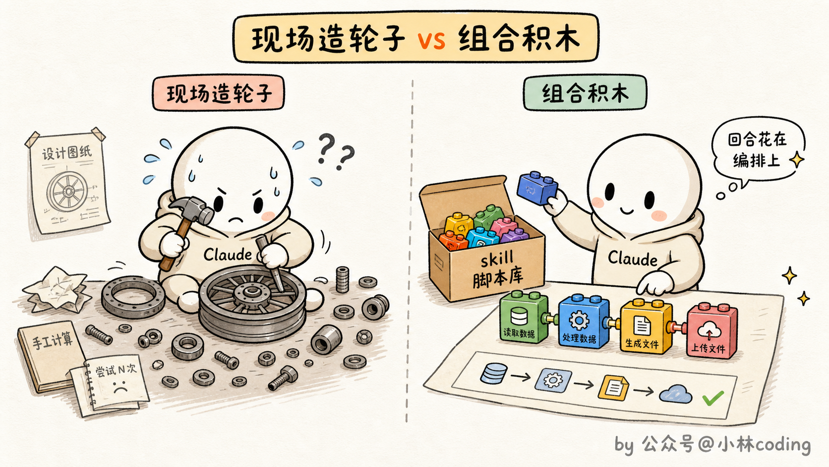 现场造轮子 vs 组合积木对比图